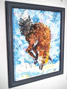 Original Pouncing Fox Acrylic Painting - Framed, 16" x 15"